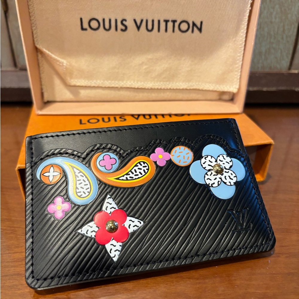 Louis Vuitton Black Epi Leather Multicolor Floral Card Holder